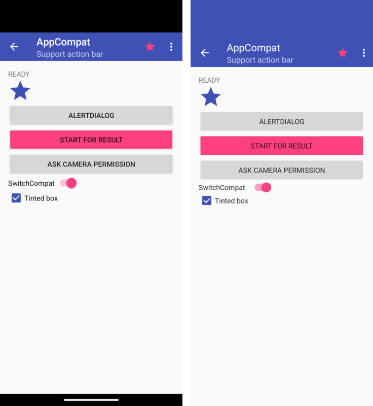 An AppCompatActivity with a Toolbar set as its support action bar, on Android (left) and on Codename One (right)